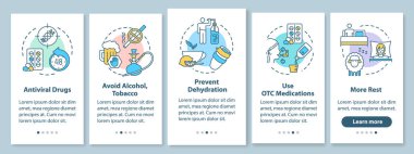Gezici uygulama sayfasında konseptli grip tedavisi. Hidrat, ilaç. Grip tedavisi 5 aşamalı grafik talimatlar. RGB renk resimleriyle UI vektör şablonu