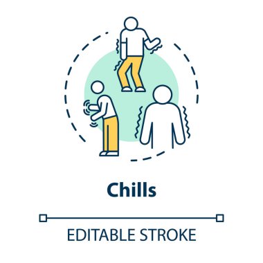 Ürperme konsepti ikonu. Grip enfeksiyonu. Grip belirtileri. Titreme ve titreme. Vücut ağrısı. Hasta biri. Soğuk fikir ince çizgi çizimi. Vektör izole edilmiş RGB renk çizimi. Düzenlenebilir vuruş