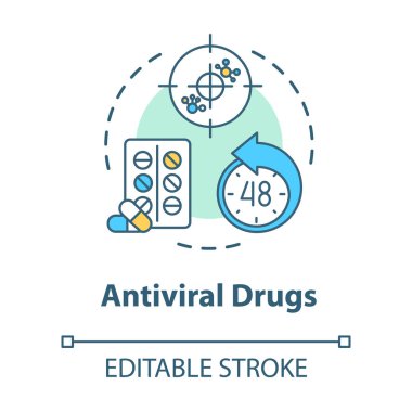Antiviral ilaç konsepti ikonu. Grip için antibiyotik. Hastalık için haplar. Hastalık ilacı. Grip fikri ince çizgi çizimi. Vektör izole edilmiş RGB renk çizimi. Düzenlenebilir vuruş