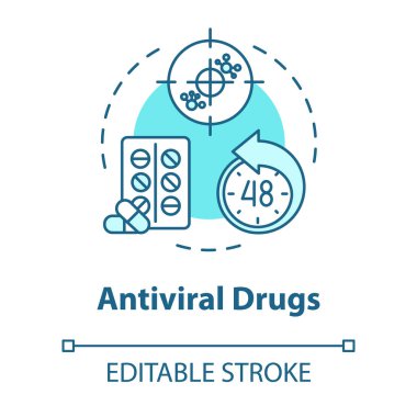 Antiviral ilaç konsepti ikonu. Hastalık için kapsüller. Hastalık için haplar. Grip ilacı. Grip fikri ince çizgi çizimi. Vektör izole edilmiş RGB renk çizimi. Düzenlenebilir vuruş