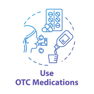 Use OTC medication concept icon. Cure and remedy. Cough syrup. Flu medication. Influenza treatment. Healthcare idea thin line illustration. Vector isolated outline RGB color drawing clipart