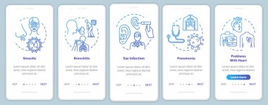 Akciğer hastalığı mobil uygulama sayfa ekranında konseptlerle birlikte. Tıbbi kontrol. Otolaryngology Tedavi 5 adımda grafik talimatlar üzerinden yürüyün. RGB renk resimleriyle UI vektör şablonu