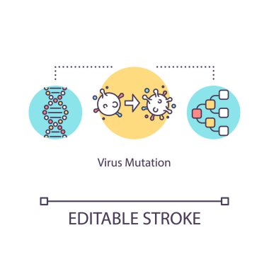 Virüs mutasyon konsepti ikonu. Mikroskobik organizma. Onkoloji tedavisi. Biyoteknoloji. Grip enfeksiyonu fikri ince çizgi çizimi. Vektör izole edilmiş RGB renk çizimi. Düzenlenebilir vuruş