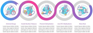 Grip belirtileri vektör bilgi şablonu. Biraz daha dinlen. Grip belirtileri sunum tasarımı elementleri. Veri görselleştirmesi 5 adımda. Zaman çizelgesi. Doğrusal simgelerle çalışma akışı düzeni