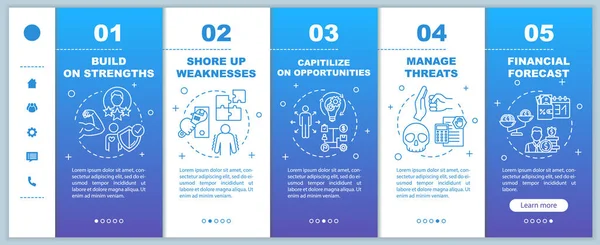 Kendi kendine inşa edilen vektör şablonu. Akıllıca bir strateji. Finansal hava durumu. Fırsatları değerlendir. Simgeli ilgili mobil web sitesi. Web sayfası basamak ekranları. Rgb renk kavramı