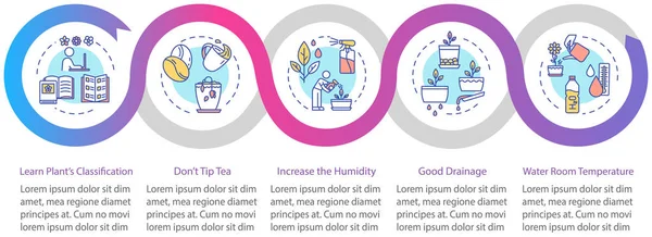 Kapalı alan bitkileri vektör bilgi şablonuyla ilgilidir. Ev bitkileri tasarım elementlerini sunar. Beş adımlı veri görselleştirmesi. Zaman çizelgesi. Doğrusal simgelerle çalışma akışı düzeni