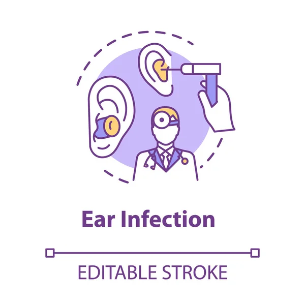 Ear infection concept icon. Diagnosis for otitis. Doctor examining patient. Medical checkup. Otolaryngology idea thin line illustration. Vector isolated outline RGB color drawing. Editable stroke
