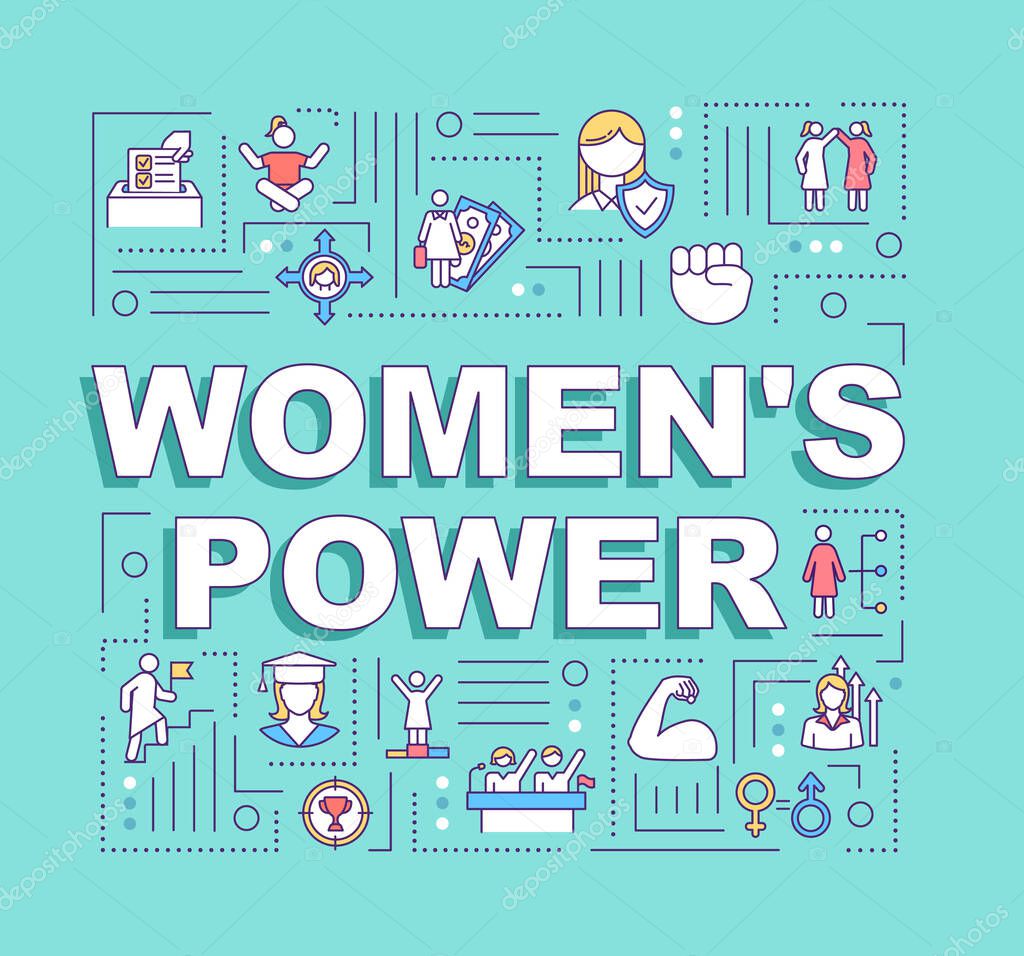 Womens power word concepts banner. Female affirmation. Motivation, empowerment. Infographics with linear icons on turquoise background. Isolated typography. Vector outline RGB color illustration