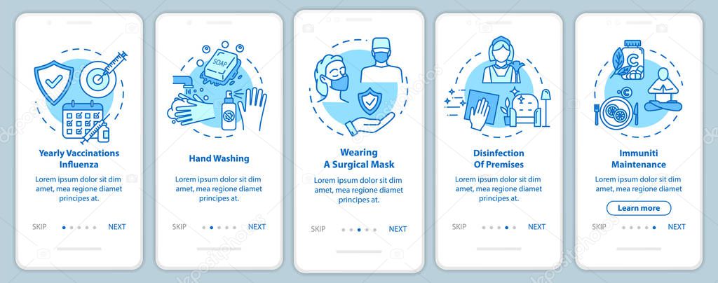 Health care onboarding mobile app page screen with concepts. Influenza, flu. Regular disinfection walkthrough 5 steps graphic instructions. UI vector template with RGB color illustrations