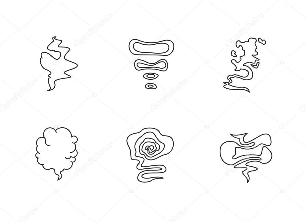 Odor pixel perfect linear icons set. Smell from hookah. Aroma from cannabis. Cigarette stream. Bad scent. Customizable thin line contour symbols. Isolated vector outline illustrations. Editable stroke