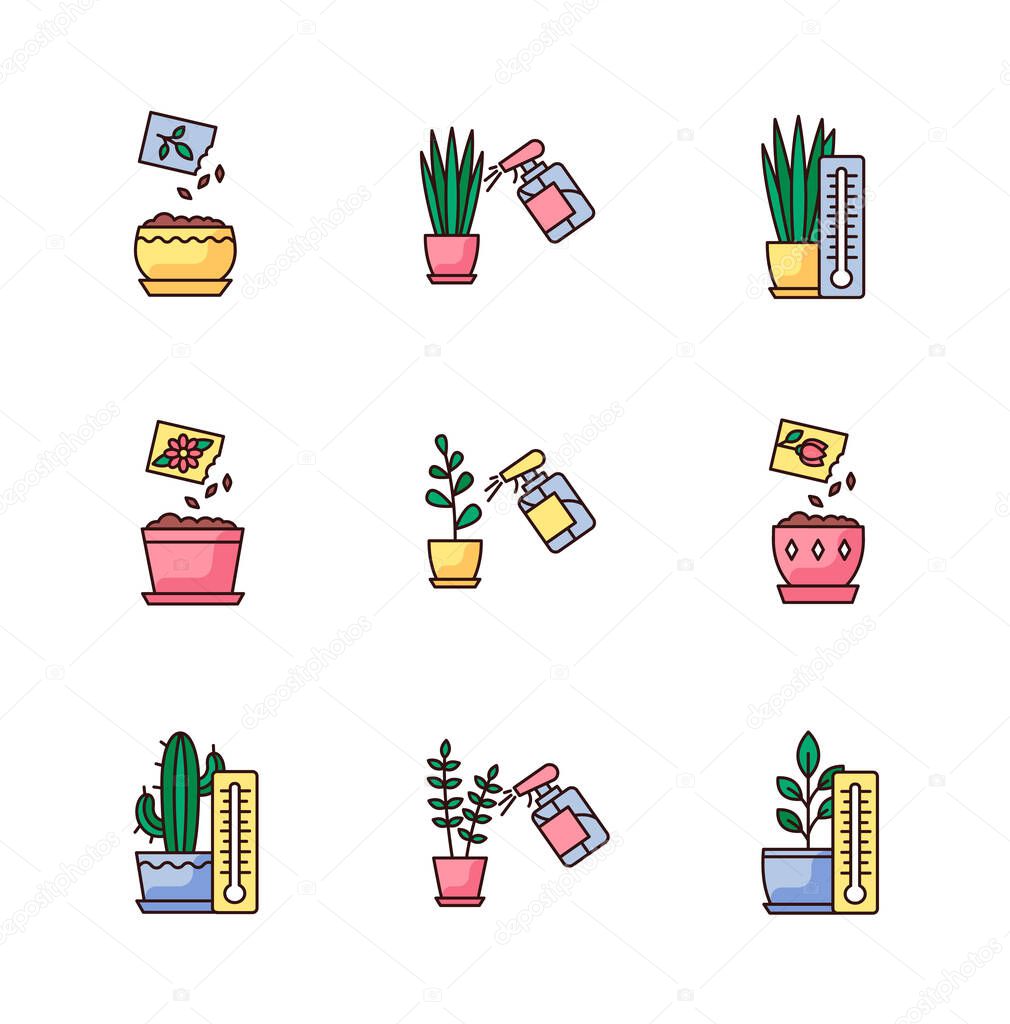 Houseplant care RGB color icons set. Indoor gardening process. Domestic plant cultivation. Spraying, misting plants. Planting seeds. Providing air temperature conditions. Isolated vector illustrations