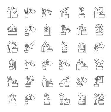 Ev bitkisi pikseli mükemmel doğrusal ikonlar ayarlandı. Yeniden ekiyorum, yeniden ekiyorum. Tohum ekiyorum. Sulama. Özelleştirilebilir ince çizgi şekilleri. İzole vektör çizimi çizimleri. Düzenlenebilir vuruş