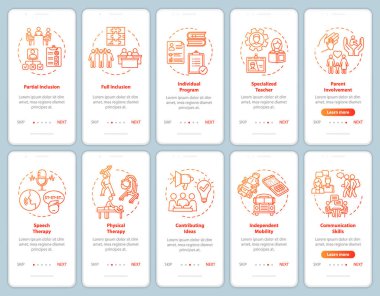Mobil uygulama sayfası ekranında konseptleri olan özel bir program. Engelliler için terapi ve eğitim adımları grafiksel talimatlar. Rgb renk resimleriyle Ui vektör şablonu