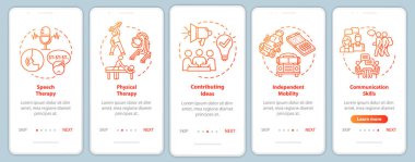 Mobil uygulama sayfa ekranında konseptlerle birlikte özel bir program. Toplum yaşamına terapi ve dahil olma beş aşamalı grafik talimatlar. Rgb renk resimleriyle Ui vektör şablonu
