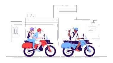 Motosikletli insanlar düz karalama çiziyor. Şehirde bisiklet süren turistler. Rehberli yerel taşımacılık kullanan bir çift. Endonezya turizmi 2D karikatür karakteri ticari kullanım için ana hatlarıyla