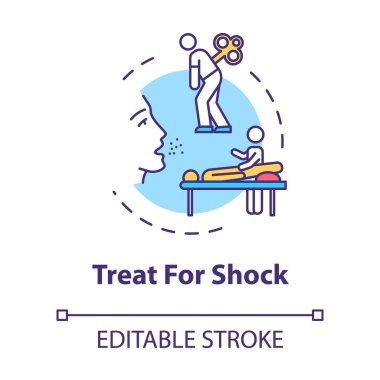 Şok tedavisi, ilk yardım konsepti ikonu. Yara tedavisi önerisi, rehabilitasyon, travma terapisi ince çizgi çizimi. Vektör izole edilmiş RGB renk çizimi. Düzenlenebilir vuruş