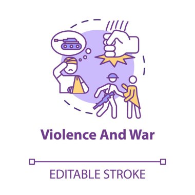 Şiddet ve savaş konsepti ikonu. Saldırı, yasa ihlali, silahlı çatışma, fiziksel güç kullanımı, yaralanma ince çizgi çizimine neden olur. Vektör izole edilmiş RGB renk çizimi. Düzenlenebilir vuruş