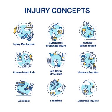 Injury causes concept icons set. Trauma human and natural factors, domestic and traffic accidents idea thin line RGB color illustrations. Vector isolated outline drawings. Editable stroke clipart