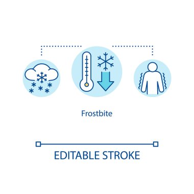Soğuk ısırması, deri donması konsepti ikonu. Düşük sıcaklık etkisi, kış travması, deri yaralanması ince çizgi çizimi. Vektör izole edilmiş RGB renk çizimi. Düzenlenebilir vuruş