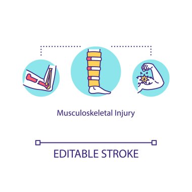 Kas iskeleti yaralanması konsepti ikonu. Kas ve iskelet sistemlerinde hasar, tendon burkulması ve kemik kırığı ince çizgi çizimi. Vektör izole edilmiş RGB renk çizimi. Düzenlenebilir vuruş
