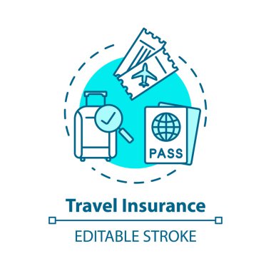 Seyahat sigortası konsepti ikonu. Uluslararası turizmi kapsıyor. Kişisel sağlık politikası. Güvenlik planı ince çizgi çizimi. Vektör izole edilmiş RGB renk çizimi. Düzenlenebilir vuruş