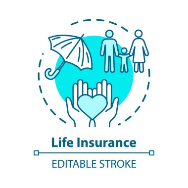 Hayat sigortası konsepti ikonu. Yaşam tarzı desteği. Çocuk için sağlık yatırımı. Aile güvenliği fikri ince çizgi çizimi. Vektör izole edilmiş RGB renk çizimi. Düzenlenebilir vuruş