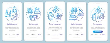 Mobil uygulama sayfasında kavramlarla birlikte finansal yardım. Turizm masrafı. Sigorta planı 5 aşamalı grafik talimatlar içeriyor. RGB renk resimleriyle UI vektör şablonu