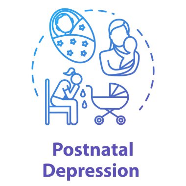 Postnatal depression concept icon. Postpartum depression. PPD. Stressed young mother. Mood disorder idea thin line illustration. Vector isolated outline RGB color drawing