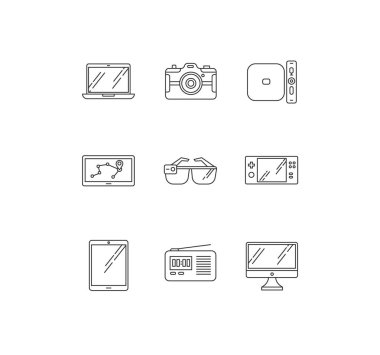 Mobil aygıtlar piksel mükemmel doğrusal simgeler ayarlandı. Tablet, laptop, bilgisayar. Seyir subayı, akıllı gözlükler. Özelleştirilebilir ince çizgi şekilleri. İzole vektör çizimi çizimleri. Düzenlenebilir vuruş