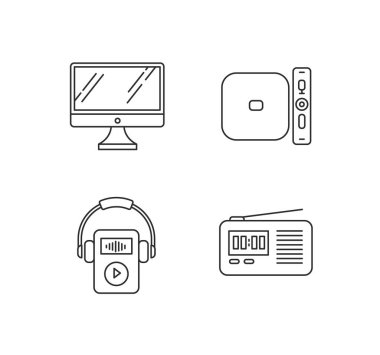 Mobil aygıtlar piksel mükemmel doğrusal simgeler ayarlandı. Masaüstü bilgisayarı, MP3 müzik çalar. Medya oyuncusu. Özelleştirilebilir ince çizgi şekilleri. İzole vektör çizimi çizimleri. Düzenlenebilir vuruş