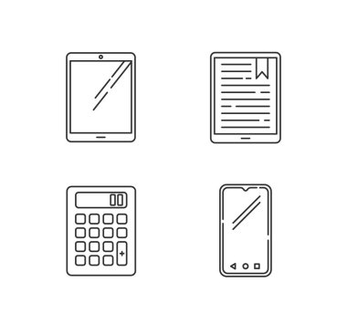 Mobil aygıtlar piksel mükemmel doğrusal simgeler ayarlandı. Tablet, e-okuyucu, e-kitap. Akıllı telefon, hesap makinesi. Özelleştirilebilir ince çizgi şekilleri. İzole vektör çizimi çizimleri. Düzenlenebilir vuruş