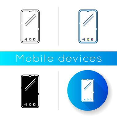 Akıllı telefon ikonu. Cep telefonu, cep telefonu. Cep bilgisayarı. Cep telefonu. Dokunmatik ekran. Ekrana dokun. El bilgisayarı taşınabilir cihaz. Lineer siyah ve RGB renk stilleri. İzole vektör illüstrasyonu
