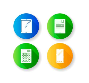 Mobil cihazlar düz tasarım uzun gölge simgeleri ayarlandı. Cep elektronik aletleri. Akıllı teknoloji. Tablet, e-okuyucu, e-kitap. Akıllı telefon, hesap makinesi. Dijital aletler. Siluet RGB renk çizimi