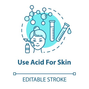 Cilt için asit kullan, kozmetoloji konsepti simgesi. Yüz tazeleme, AHA ve BHA güzellik ürünleri ince çizgi çizimi fikri. Vektör izole edilmiş RGB renk çizimi. Düzenlenebilir vuruş