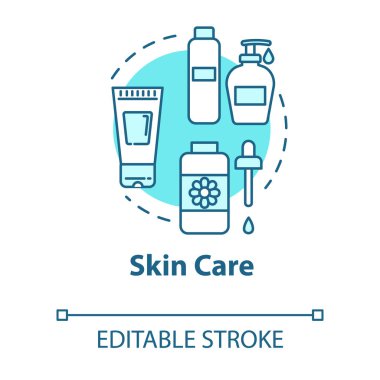 Cilt bakımı, yüz ve vücut güzellik konsepti ikonu. Kozmetik ürünleri temizlemek ya da nemlendirmek, dermatoloji fikri ince çizgi çizimi. Vektör izole edilmiş RGB renk çizimi. Düzenlenebilir vuruş