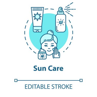 Güneş kremi, güneş kremi, güneş kremi konsept ikonu. Güneş koruması, cilt bakımı, yüz spreyi ve krem fikri ince çizgiler. Vektör izole edilmiş RGB renk çizimi. Düzenlenebilir vuruş