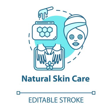 Doğal cilt bakımı, organik kozmetik konsepti ikonu. Eko güzellik ürünleri, yüz ve vücut bakımı, spa prosedürleri ince çizgi çizimi fikri. Vektör izole edilmiş RGB renk çizimi. Düzenlenebilir vuruş
