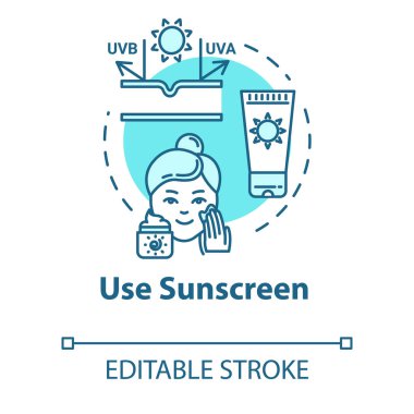 Güneş kremi, SPF kremi, güneş kremi konsept ikonu kullanın. Cilt bakımı, güneş koruma ürünleri ince çizgi çizimi fikri. Vektör izole edilmiş RGB renk çizimi. Düzenlenebilir vuruş