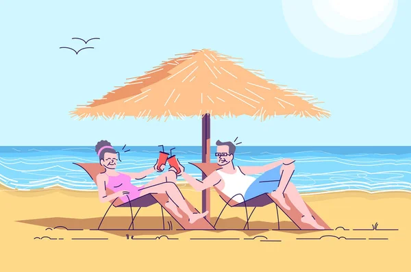 ビーチフラットドアのイラストに高齢者のカップル 海辺でドリンクを飲むラウンジャーの年金受給者 夏休みだ 商業用のアウトラインとインドネシアの観光2D漫画のキャラクター — ストックベクタ