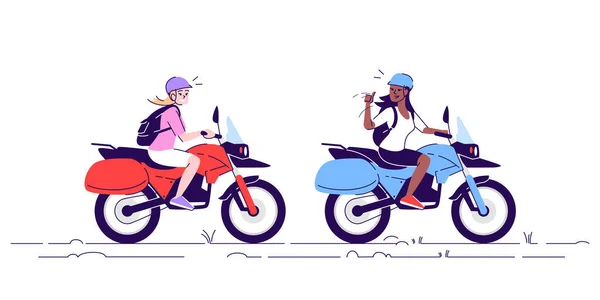 Dwie Kobiety Motocyklach Płaska Ilustracja Doodle Turyści Jeżdżący Rowerach Kobieta — Wektor stockowy