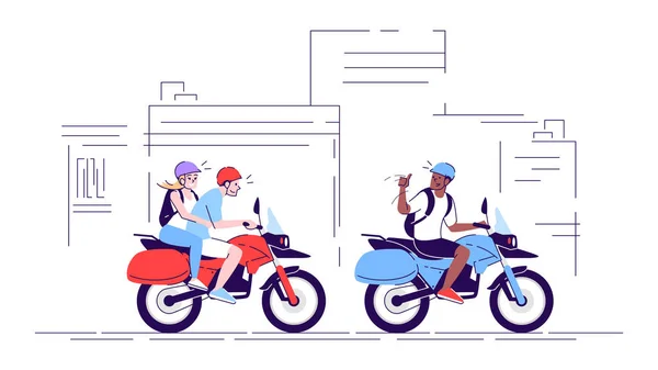 오토바이를 사람들은 두들을 평평하게 그렸습니다 도시에서 자전거타는 관광객들 교통을 가이드와 — 스톡 벡터