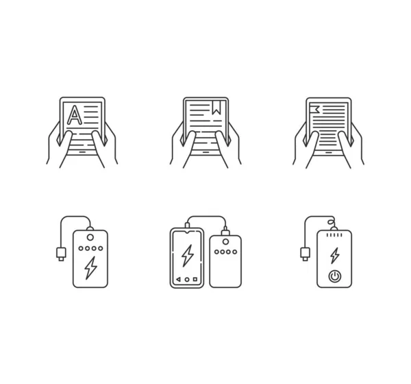 Dispositivos Electrónicos Portátiles Píxel Conjunto Iconos Lineales Perfectos Banco Energía — Vector de stock