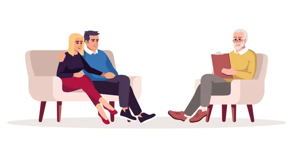 カップル心理療法セッション半フラットRgbカラーベクトルイラスト 結婚相談 話療法だ 心理学者の任命 関係の問題だ 白の隔離された漫画のキャラクター — ストックベクタ
