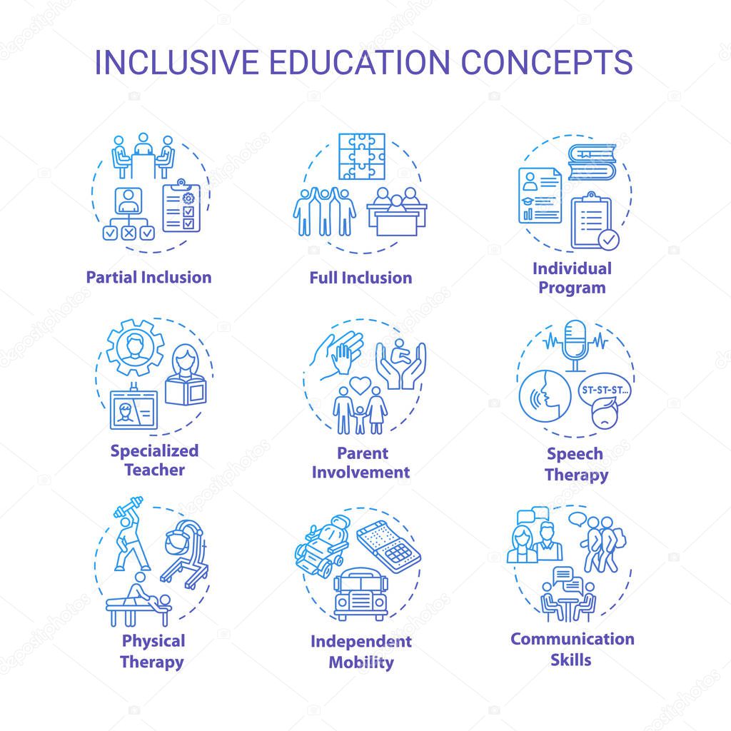 Inclusive education concept icons set. Individual program. Partial and full inclusion. Specialized learning idea thin line RGB color illustrations. Vector isolated outline drawings. Editable stroke