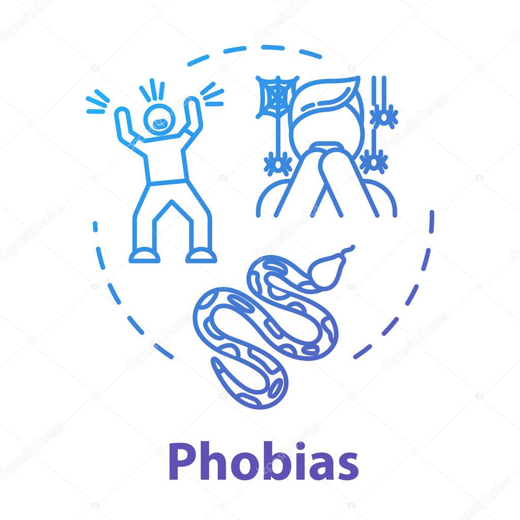 Phobias concept icon. Irrational fear reaction. Arachnophobia, herpetophobia. Mental disorder. Psychiatry idea thin line illustration. Vector isolated outline RGB color drawing