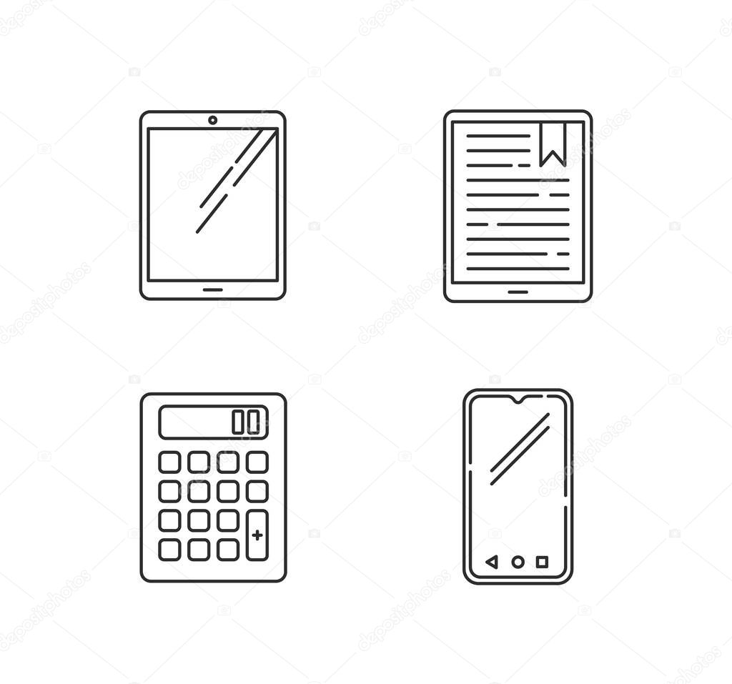 Mobile devices pixel perfect linear icons set. Tablet, e-reader, e-book. Smartphone, calculator. Customizable thin line contour symbols. Isolated vector outline illustrations. Editable stroke
