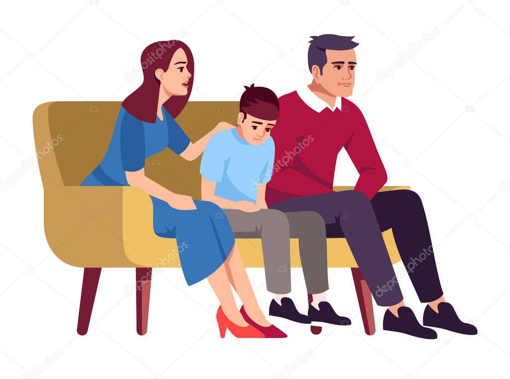 Family sitting on couch semi flat RGB color vector illustration. Parents and child. Parenting problems. School student in trouble. Therapy session. Isolated cartoon character on white background
