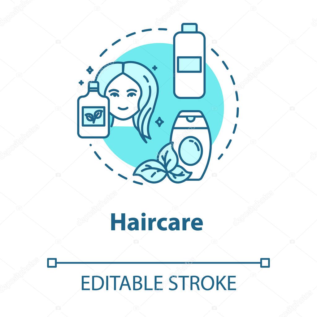 Haircare, natural cosmetic use, health and beauty concept icon. Organic shampoo and balm, hair cosmetics idea thin line illustration. Vector isolated outline RGB color drawing. Editable stroke