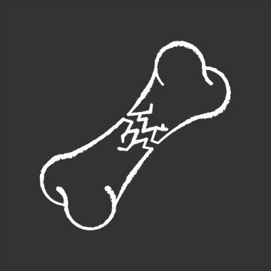 Siyah arka planda kırık kemik tebeşiri beyaz simgesi. Çarpışma, çapraz kırık. Kazayla oldu. Yaralı vücut parçası. Travma tedavisi. Sağlık hizmetleri. Tıbbi durum. İzole edilmiş vektör karatahta çizimi