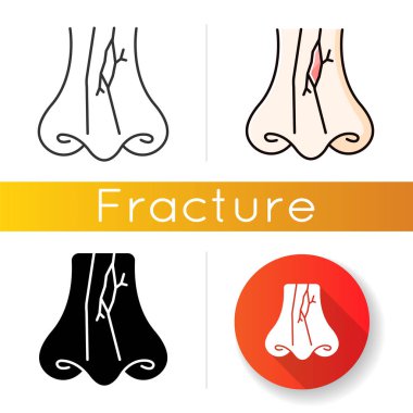 Burun kırığı ikonu. Burun kemiği kırılmış. Burun kıkırdağında çatlak. Yüz yaralanması, travma. Kazayla oldu. Tıbbi durum. Sağlık hizmetleri. Lineer siyah ve RGB renk stilleri. İzole vektör çizimleri